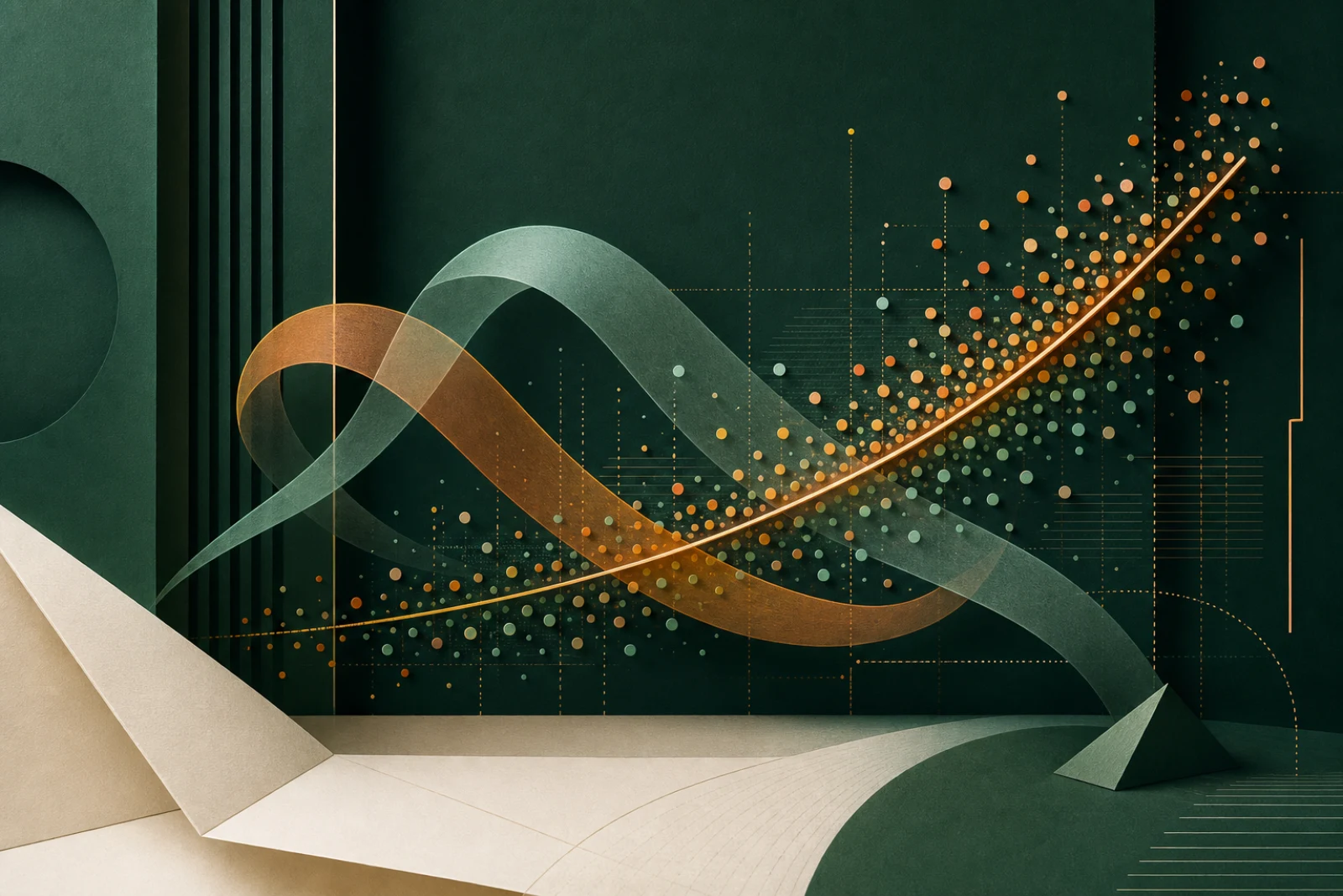 Original abstract artwork of rising data points, a fitted curve, and two interwoven translucent ribbons